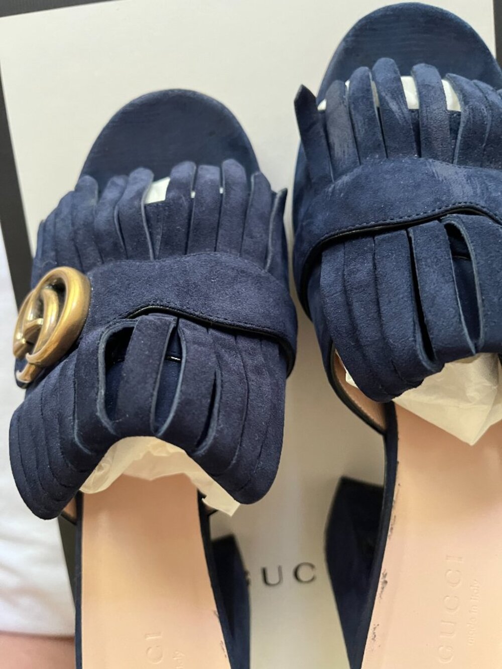 Gucci GG Marmont Fringe Suede Mule Sandals Blue Ink 38.5 w/ Box Dust Bag - Picture 5 of 10